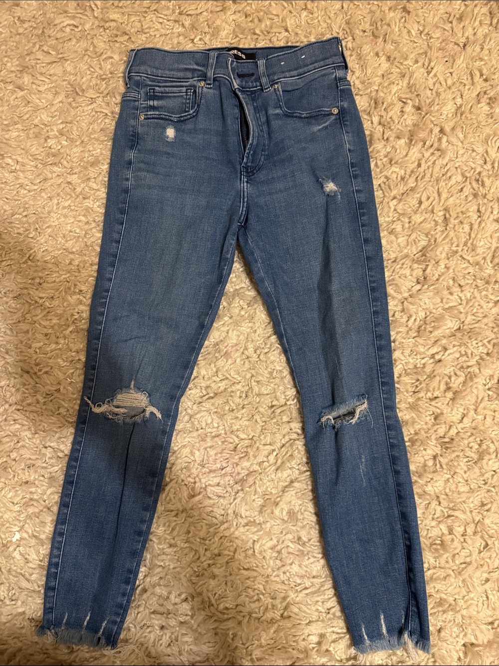 Express Women’s Skinny Jeans — Medium Blue Distressed